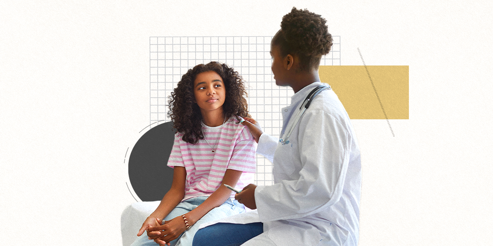 Teenage girl listening to and receiving comfort from a female doctor. 