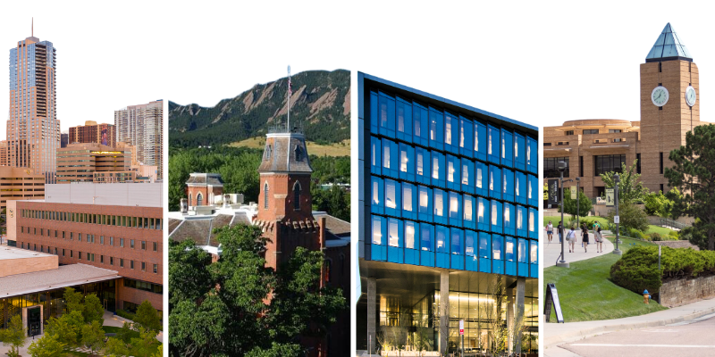 An image split into four equal sections showing landmarks from each of the four University of Colorado campuses. 