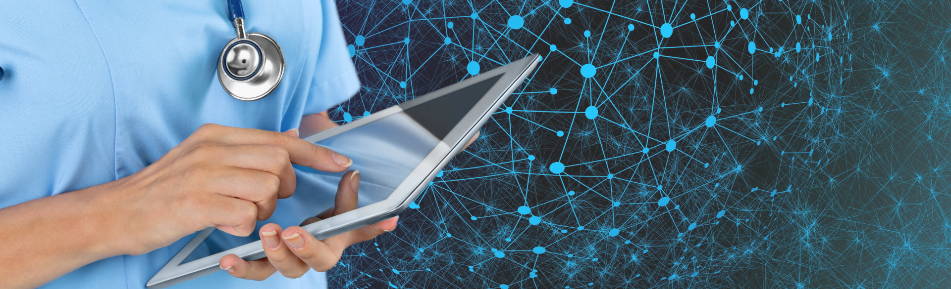A nurse holding an iPad against a background of a network grid