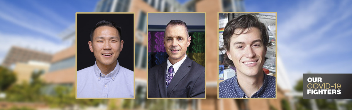 Head shots of Li, Greany, McClain superimposed on dental school building background