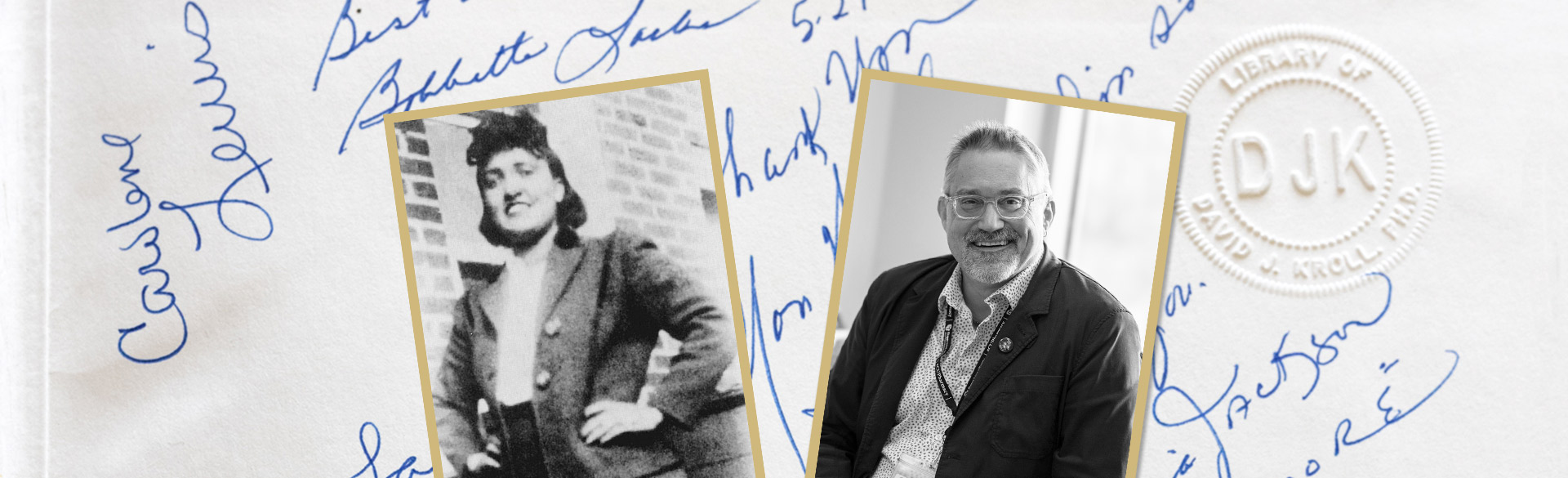 Black and white photos of Henrietta and of David Kroll with Lacks' family signatures in background