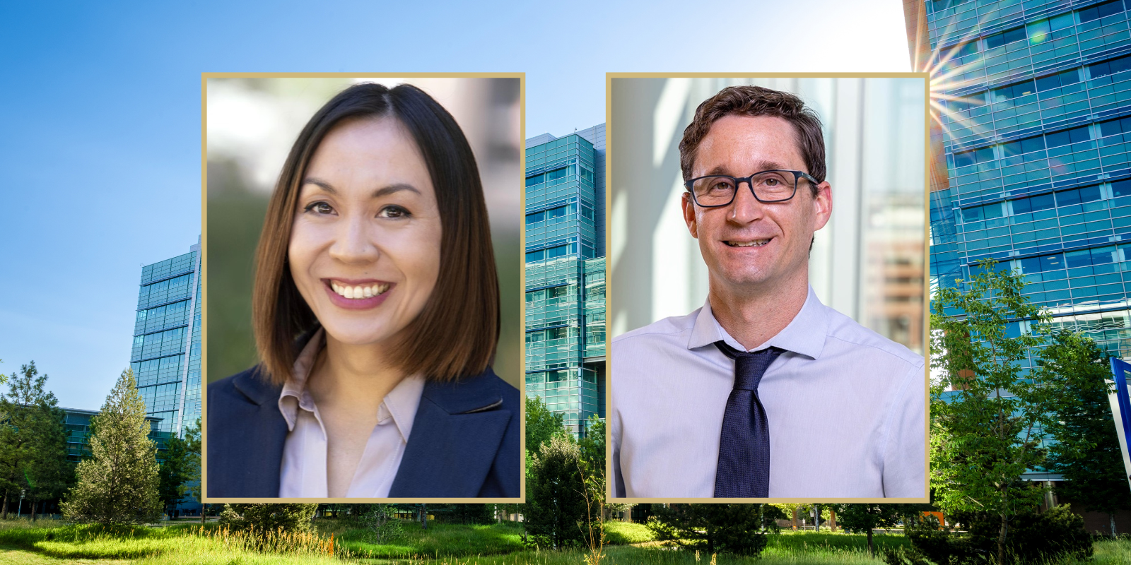 Campus photo with photos of researchers Catherine Danis, PhD and M. Eric Kohler, MD, PhD