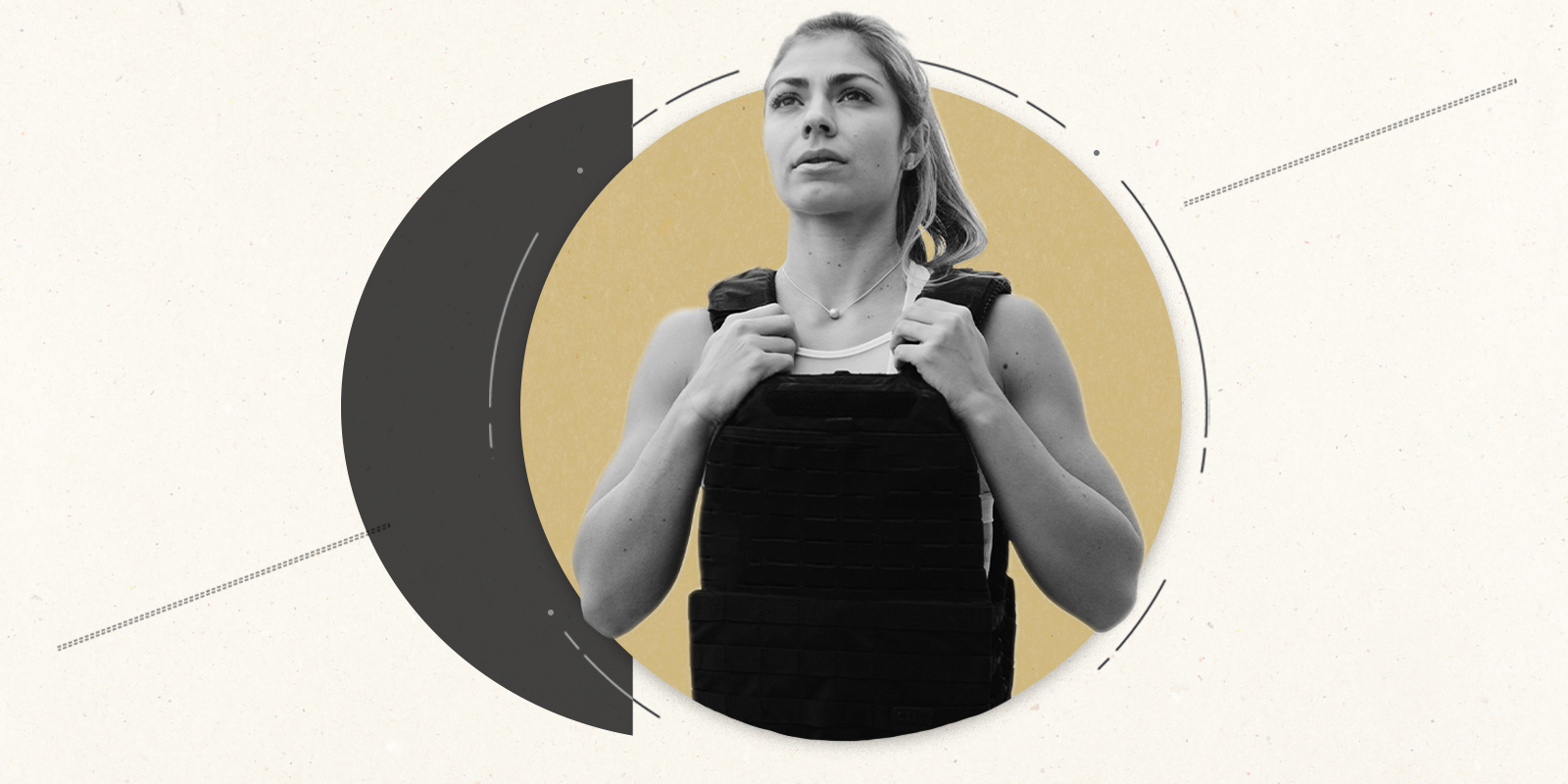 A woman in black weighted vest, hands on straps, inside a gold circle